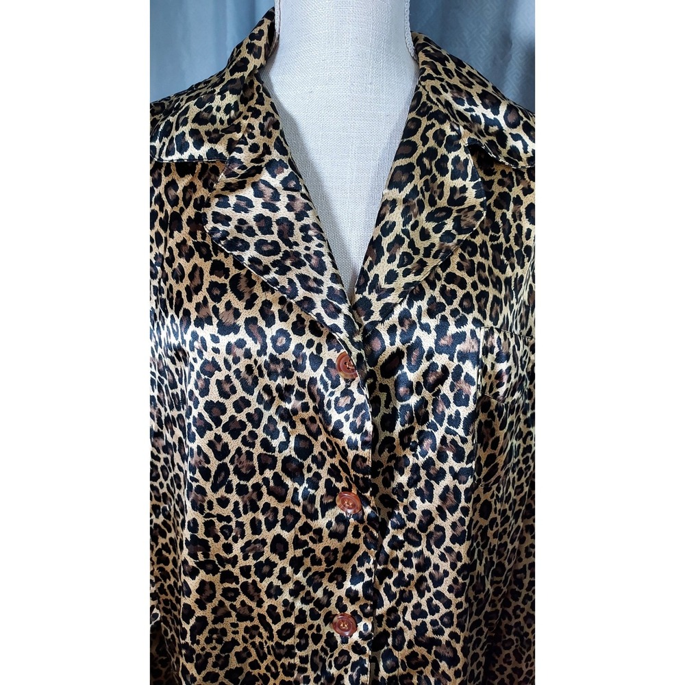 Victoria's Secret Pajama Top Womens Large Brown Leopard Print Satin Button Down - Picture 2 of 6